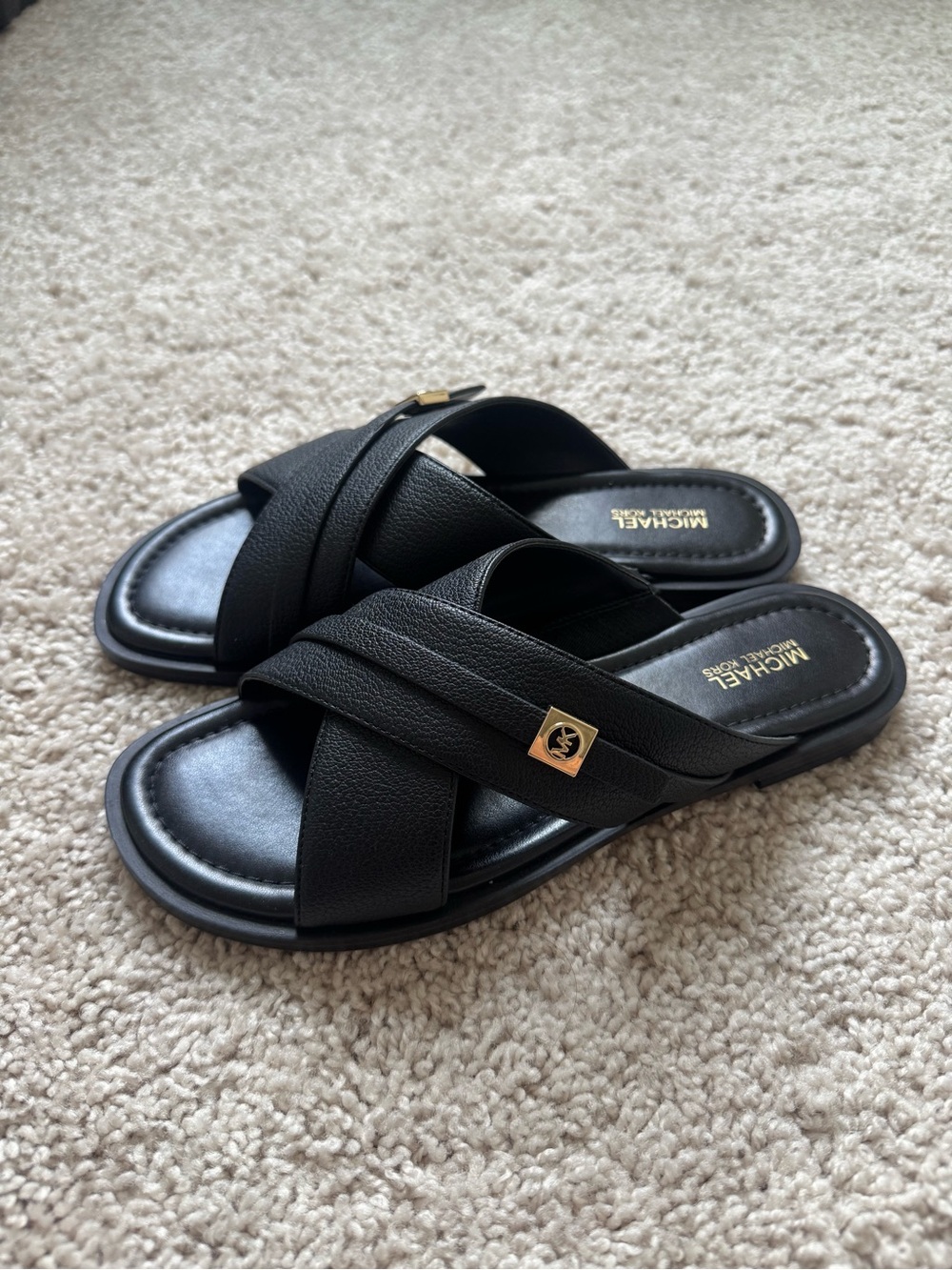 Michael Kors Black Crisscross Slide Sandals Gold MK Logo